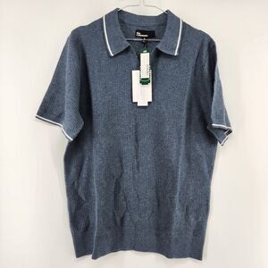 The Commons Men's Navy Medium Textured Jacquard Johnny Collar Sweater Polo NWT